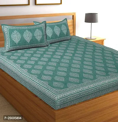 Fancy Cotton Blend Turquoise Printed Double Bedsheet With Pillow Covers-thumb0