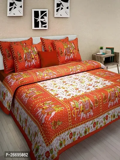 Fancy Cotton Blend Red Printed Double Bedsheet With Pillow Covers