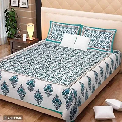 Fancy Cotton Blend Blue Printed Double Bedsheet With Pillow Covers