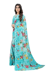 Elegant Georgette Sea Blue Floral Print Saree With Blouse Piece For Women-thumb2