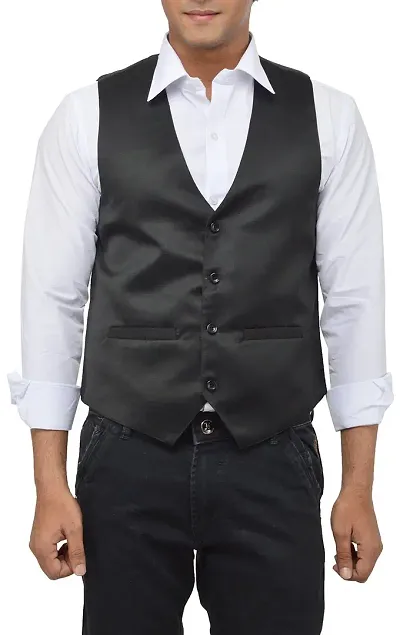 MD Men's Satin Waistcoat (Plain_XL, Black, XL)