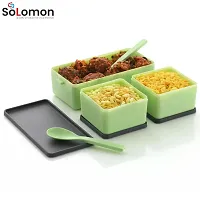 Solomon? 3-in-1 Compartment Lunch Box with 1 Spoon  1 Fork for Adults, Microwave Safe Lunch Boxes (1500 ML) (1500 ML, Green)-thumb2