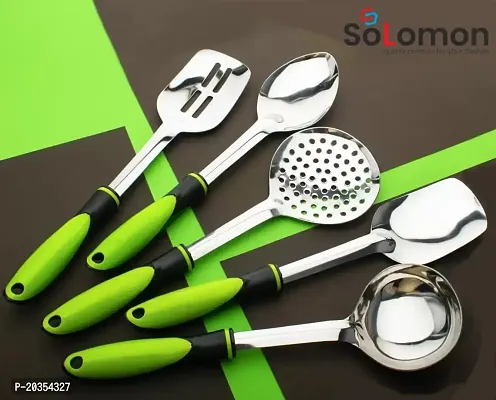 Solomon? Serving Spoon Set for Kitchen, Dining Table, Cooking, Stainless Steel (Set of 5) (Green)