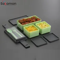 Solomon? 3-in-1 Compartment Lunch Box with 1 Spoon  1 Fork for Adults, Microwave Safe Lunch Boxes (1500 ML) (1500 ML, Green)-thumb3