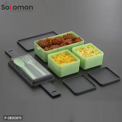 Solomon? 3-in-1 Compartment Lunch Box with 1 Spoon  1 Fork for Adults, Microwave Safe Lunch Boxes (1500 ML) (1500 ML, Green)-thumb4