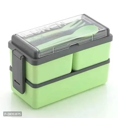 Solomon? 3-in-1 Compartment Lunch Box with 1 Spoon  1 Fork for Adults, Microwave Safe Lunch Boxes (1500 ML) (1500 ML, Green)-thumb0