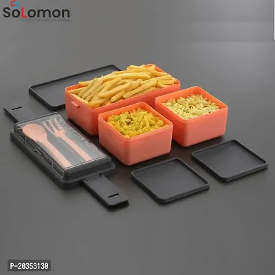 Solomon? 3-in-1 Compartment Lunch Box with 1 Spoon  1 Fork for Adults, Microwave Safe Lunch Boxes (1500 ML) (1500 ML, Peach)-thumb3