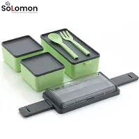 Solomon? 3-in-1 Compartment Lunch Box with 1 Spoon  1 Fork for Adults, Microwave Safe Lunch Boxes (1500 ML) (1500 ML, Green)-thumb1