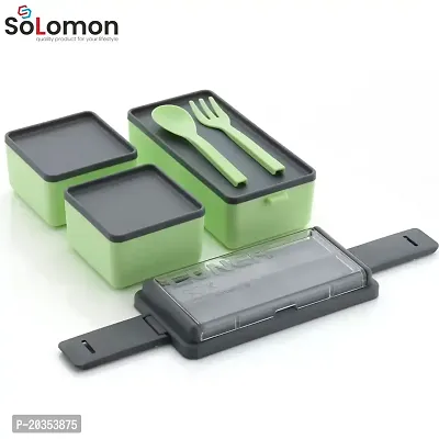 Solomon? 3-in-1 Compartment Lunch Box with 1 Spoon  1 Fork for Adults, Microwave Safe Lunch Boxes (1500 ML) (1500 ML, Green)-thumb2