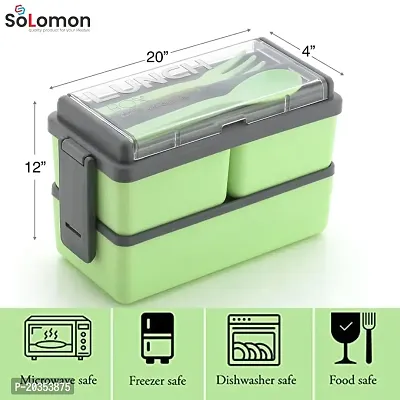 Solomon? 3-in-1 Compartment Lunch Box with 1 Spoon  1 Fork for Adults, Microwave Safe Lunch Boxes (1500 ML) (1500 ML, Green)-thumb5