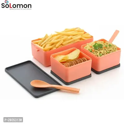 Solomon? 3-in-1 Compartment Lunch Box with 1 Spoon  1 Fork for Adults, Microwave Safe Lunch Boxes (1500 ML) (1500 ML, Peach)-thumb4