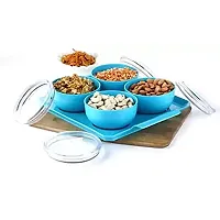 Solomon? Serving Tray with 4Pcs Air Tight Bowl Set for Dry Fruits Mukhavas Chocolates Sweets Snacks Storage Bowl (Blue)-thumb1