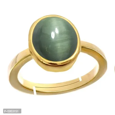 Natural Gold Plated Adjustable Green Cat's Eye 3.25 Ratti Stone Ring Oval Shape Cabochon Cut For Men's & Women In Size 6 To 15