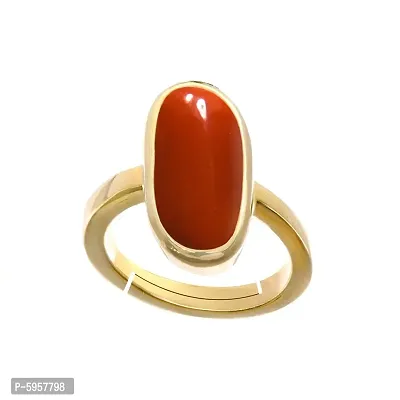 Natural Gold Plated Adjustable Red Coral 5.25 Ratti Stone Ring Capsule Shape Cabochon Cut for Men's And Women