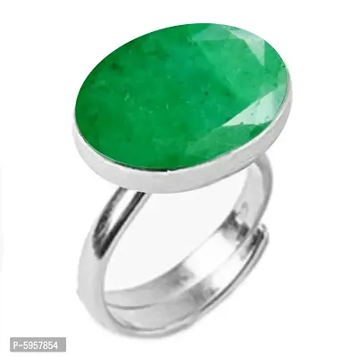 Natural Silver Plated Adjustable Green Emerald 3.25 Ratti Flat Ring Oval Shape Faceted Cut Ring For Men And Women