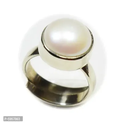 Natural Silver Plated Adjustable White Pearl 3.25 Ratti Flat Ring Round Shape Cabochon Cut Ring For Men And Women