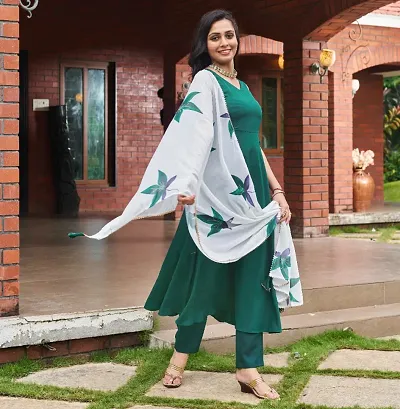 Stylish Anarkali Kurti With Printed Dupatta And Pant Set