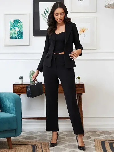 Classic Polyester Spandex Solid 3 Piece Co-ord set for Women