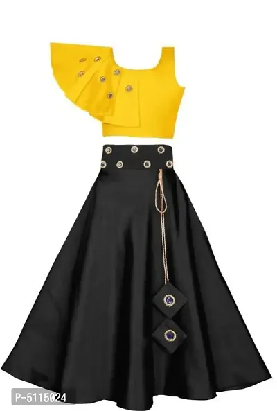 Stylish Yellow Taffeta Silk Mirror Work Lehanga Cholis For Girls