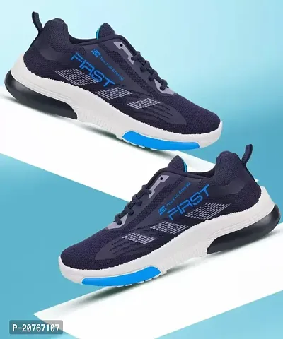 Stylish Navy Blue Mesh Self Design Sports Shoes For Men-thumb0