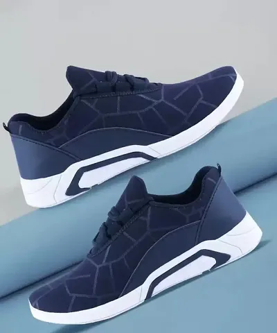 Stylish Navy Blue Canvas Self Design Sports Shoes For Men