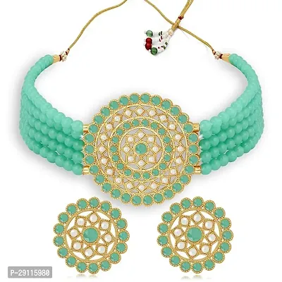 Stylish Alloy LightGreen American Diamond And Beads Work Jewellery Set For Women-thumb0