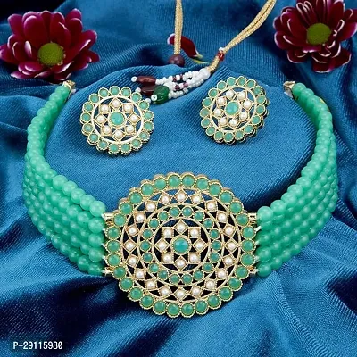 Stylish Alloy LightGreen American Diamond And Beads Work Jewellery Set For Women-thumb2