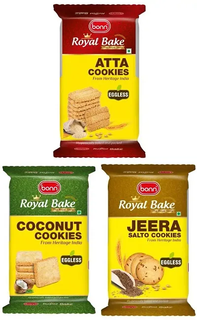 Classic Royal Bake Eggless Atta, Jeera Salto, And Coconut Cookies Bakery Biscuit 600 G, Pack Of 3