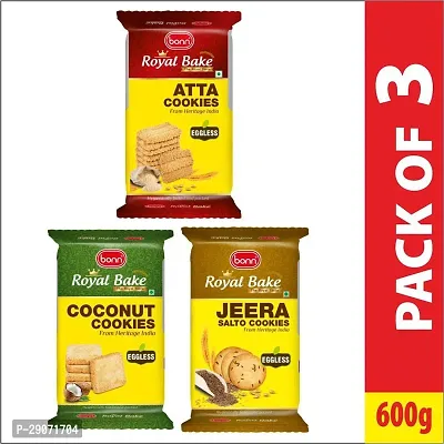 Classic Royal Bake Eggless Atta, Jeera Salto, And Coconut Cookies Bakery Biscuit 600 G, Pack Of 3-thumb2