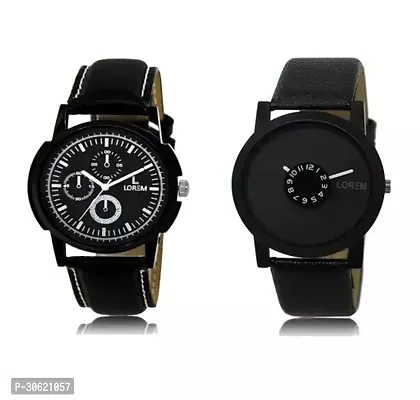 Stylish Black Leather Analog Watch For Men Pack Of 2-thumb0