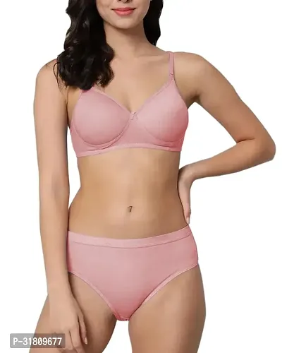 Stylish Peach Cotton Blend Solid Bra Panty Set