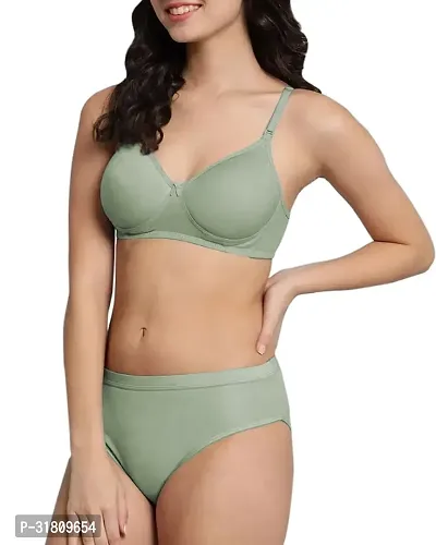 Stylish Green Cotton Blend Solid Bra Panty Set for Women-thumb2