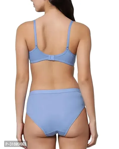 Stylish Blue Cotton Blend Solid Bra Panty Set-thumb2