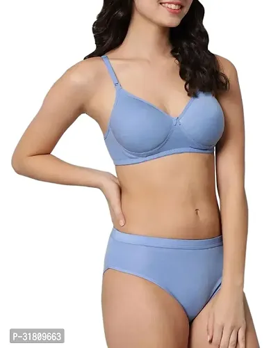 Stylish Blue Cotton Blend Solid Bra Panty Set-thumb3