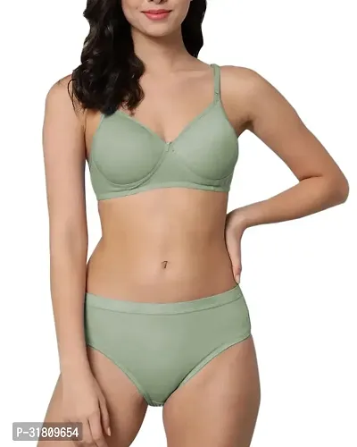 Stylish Green Cotton Blend Solid Bra Panty Set for Women-thumb0