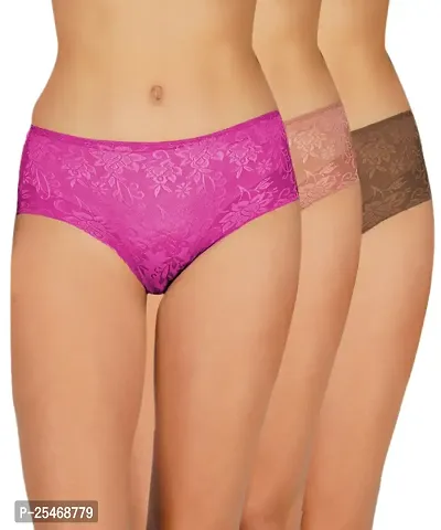 Arc de Shapes Women Cotton Lace Net Material Mid Rise Floral Design Pack of 3 Hipster Net Panty Multicolor