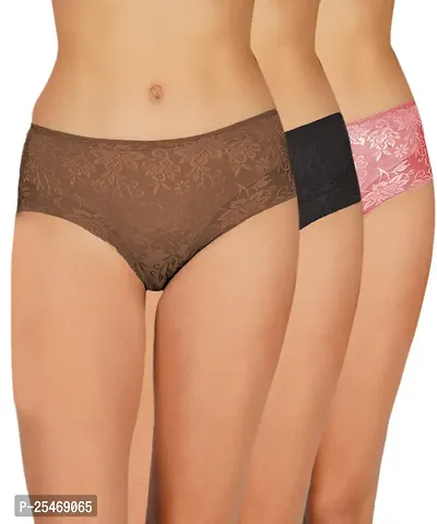 Arc de Shapes Women Cotton Lace Net Material Mid Rise Floral Design Pack of 3 Hipster Net Panty Multicolor-thumb0