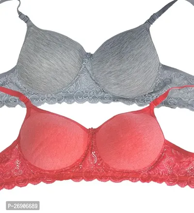 Arc de Shapes Cotton Full Coverage Lightly Padded Non-Wired Bralette Bra for Women Pack Grey-Coral  of 2