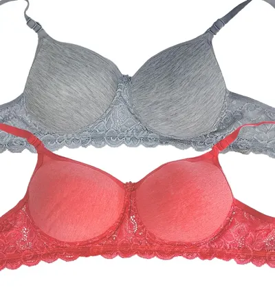 Arc de Shapes Full Coverage Lightly Padded Non-Wired Bralette Bra for Women Pack Grey-Coral of 2