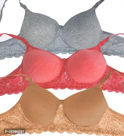 Arc de Shapes Cotton Full Coverage Lightly Padded Non-Wired Bralette Bra for Women Pack Grey-Coral-Golden  of 3