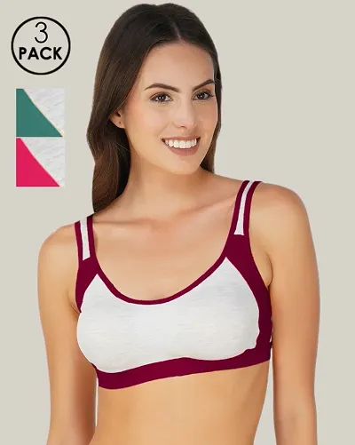 Classic Cotton Blend Solid Non Padded Sports Bras for Women Pack of 3