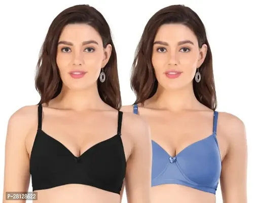 Arc de Shapes Women Lycra Lightly Padded Non-Wired Full Coverage Black Blue Grey Color Everyday T-Shirt Bra with Detachable Strap Pack of 2