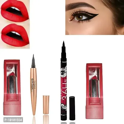 2 RED4 Matte Sensation Maroon Lipstick+YANIQA Pen Waterproof YANQINA Eyeliner Black Pencil&nbsp;+1 36H eyeliner black(Pack of 4)