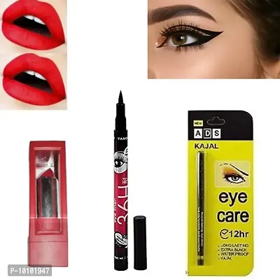 1 RED4 Matte Sensation Maroon Lipstick+1 ADS Eye care kajal+1 36H eyeliner black(Pack of 3)