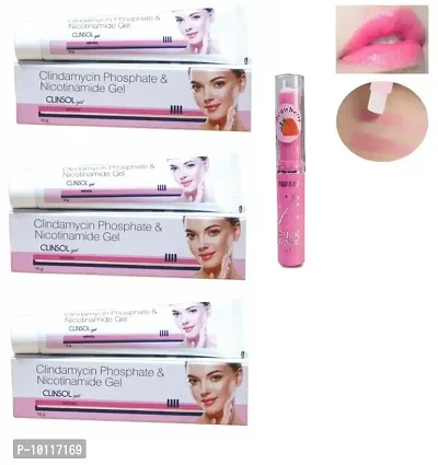 3 CLINSOL ANTI-ACNE GEL FOR ACNE AND PIMPLE FREE SKIN 15GM+1 Straberry Pink magic lip balm(Pack of 4)-thumb0