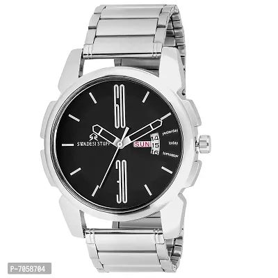 Swadesi Stuff Black Dial Round Shape Elegant Day  Date Functioning Stainless Steel Strap Premium Watch for Men and Boys