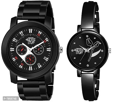 Swadesi Stuff Black Color Dial Round Shap Elegant Analog Couple Watch for Men and Women - Combo of 2
