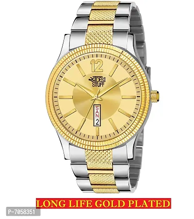 Swadesi Stuff Analogue IGP Gold Dial Day  Date Display Analogue Watch for Men and Boys (Long Life Gold Plated) (Gold Silver)-thumb2
