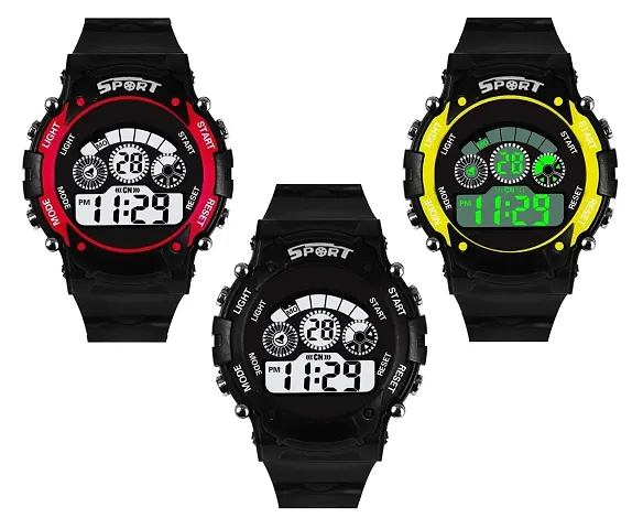 SWADESI STUFF Digital Unisex-Child Watch (Multicolored Dial, Black Colored Strap) (Pack of 3)