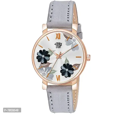 Swadesi Stuff Grey Color Flower Dial Premium Leather Strap Analog Watch for Women and Girls